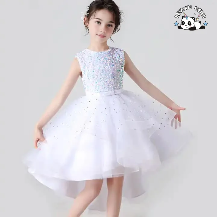 LEZONKIDS - Angel Dress Girls Wedding Dress Elegant Photos Long Sleeves Bow for Children 2-14 Year Old Girl